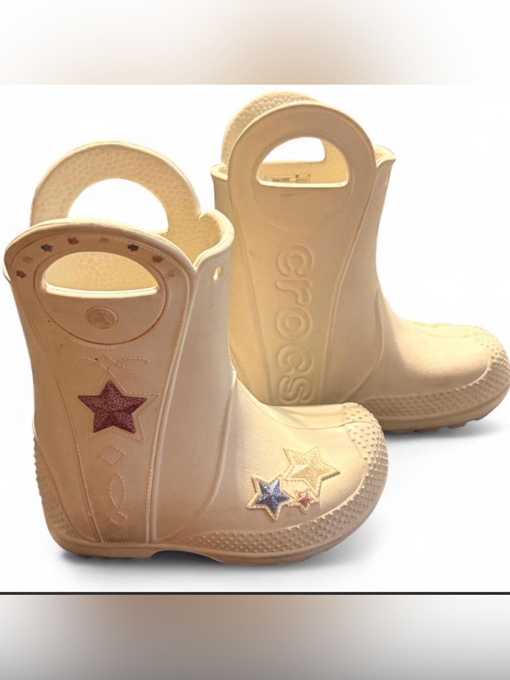 CROCS Beige Toddler Star Rain Boots with Glitter Accents